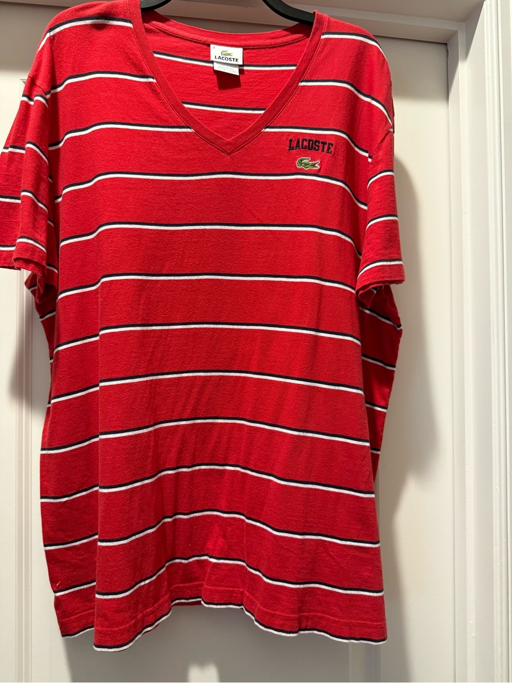 Lacoste Red  with Navy and White stripes with Green Crocodile Logo